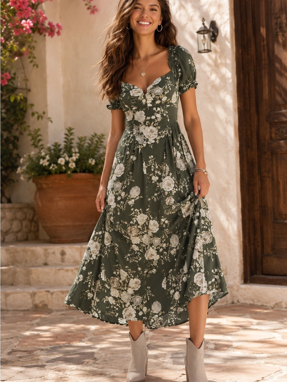 Floral Puff-Sleeve Midi Dress - Olive Green